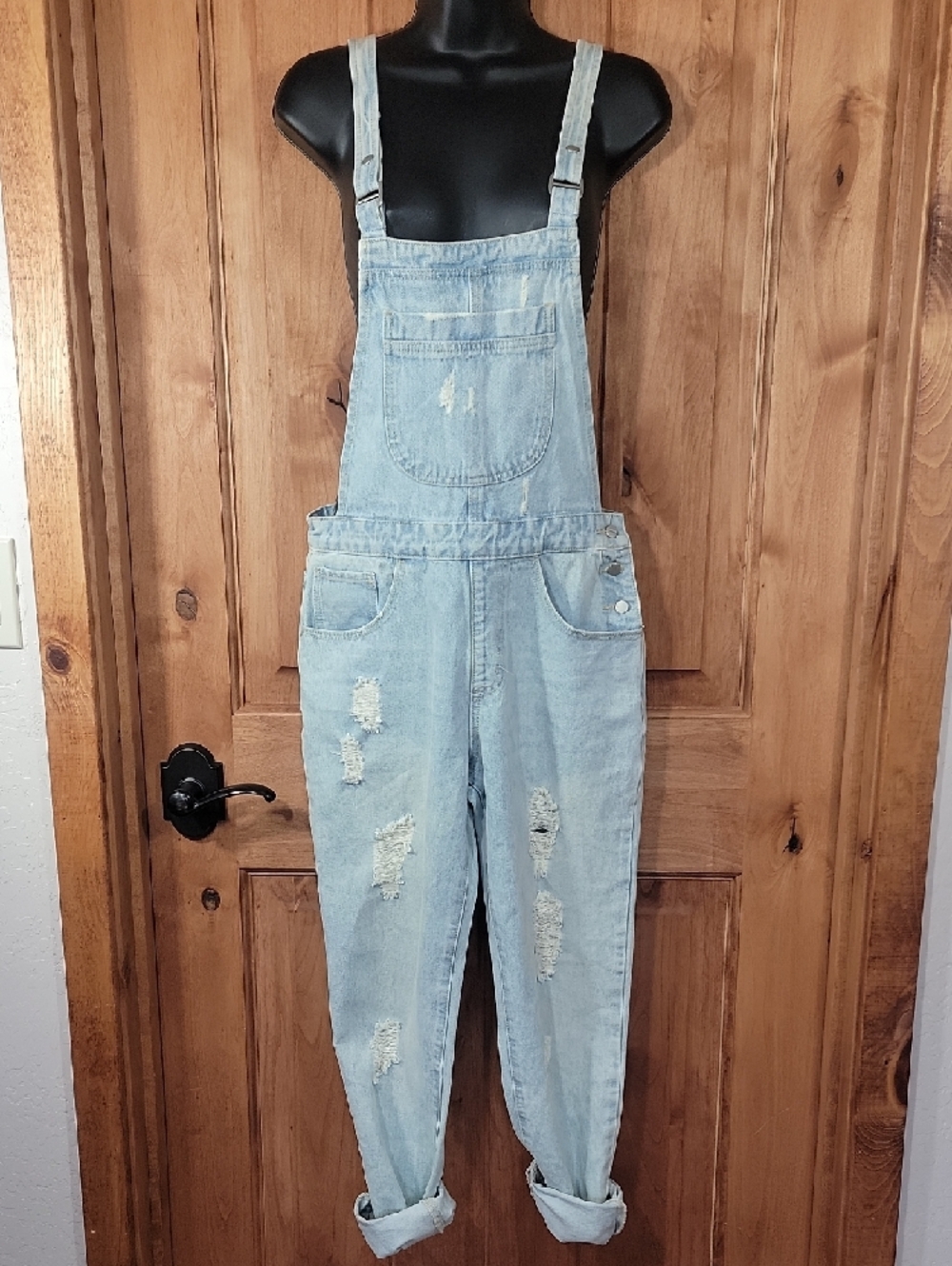 Light Wash Distressed Denim Overalls - Picture 15 of 15